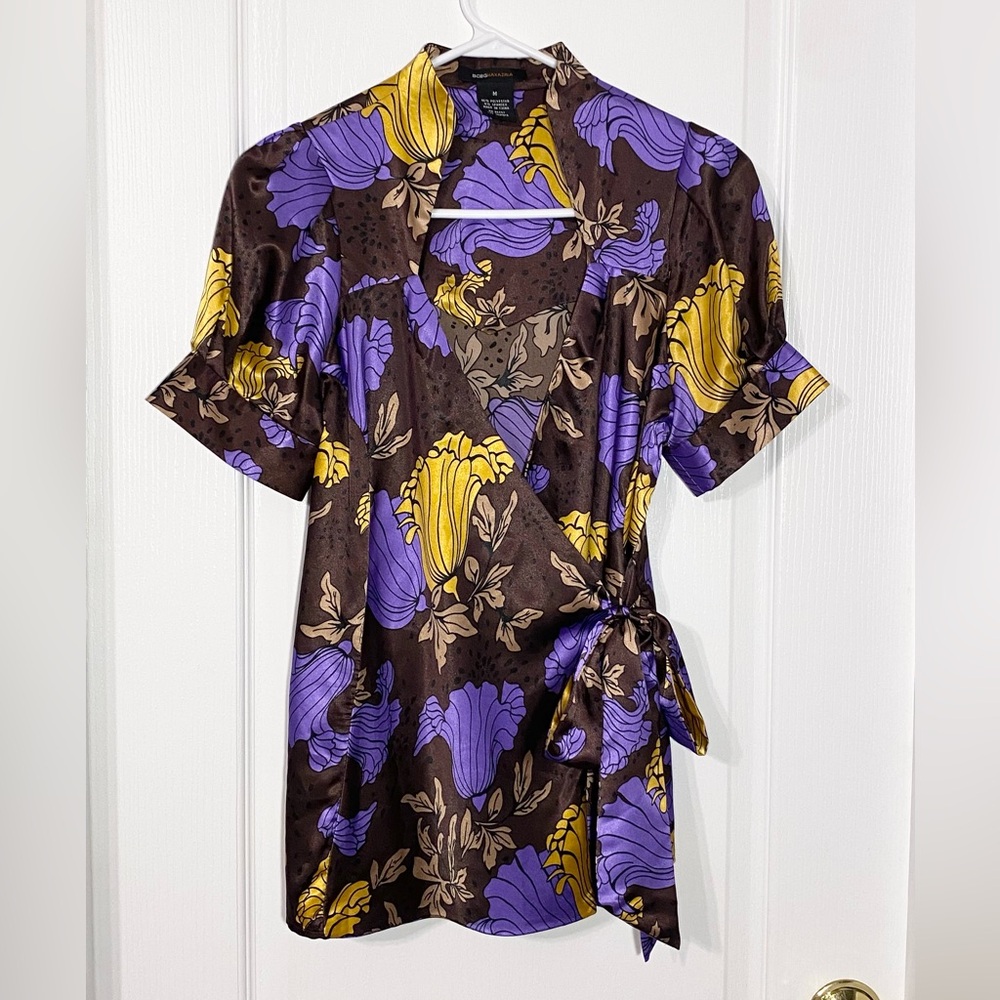 Y2K BCBGMaxAzria Floral Satin Wrap Tunic Blouse Brown Purple Gold Medium